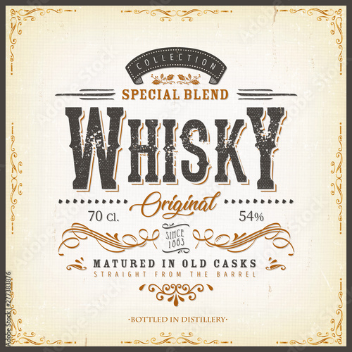 Vintage Whisky Label For Bottle/ Illustration of a vintage design elegant whisky label, with crafted letterring, specific product mentions, textures and celtic patterns, on blue and gold background