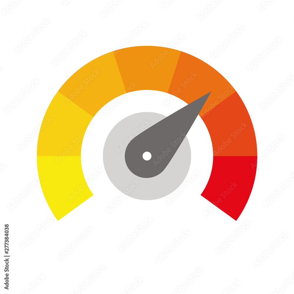 Radial gauge scale from yellow to red with arrow hand pointer. Satisfaction, temperature, risk, rating, performance and feedback indicator or speed tachometer. Vector illustration Radial gauge scale from yellow to red with arrow hand pointer. Satisfaction, temperature, risk, rating, performance and feedback indicator or speed tachometer. Vector illustration