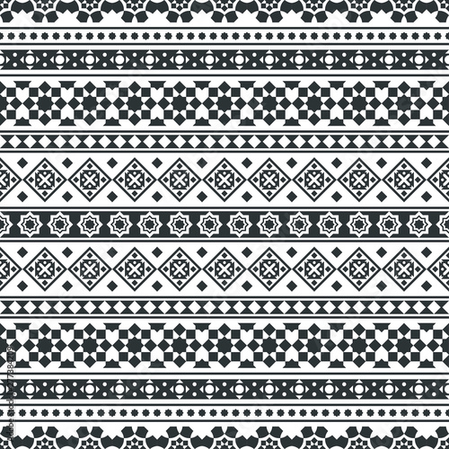 Seamless ethnic pattern in persian design. Traditional aztec pattern design in black and white color. Islamic ethnic pattern. Tribal pattern. Horizontal stripes. Vector illustration