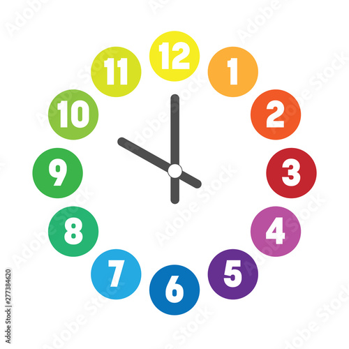 Colorful clock face. Hour dial with numbers in colored circles. Simple flat vector illustration