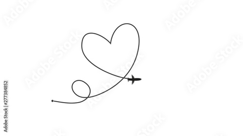 Animation of one line drawing of passenger airplane and heart sign label
