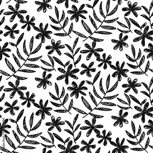 Black and white flowers and leaves seamless pattern.