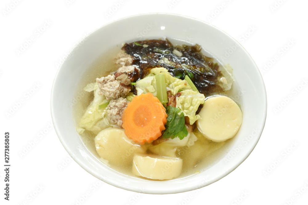 boiled egg tofu with minced pork and cabbage topping seaweed soup on bowl boiled egg tofu with minced pork and cabbage topping seaweed soup on bowl