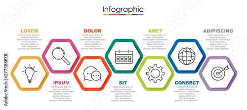 Vector infographic template with seven steps or options. Illustration presentation with line elements icons.  Business concept design can be used for web, brochure, diagram