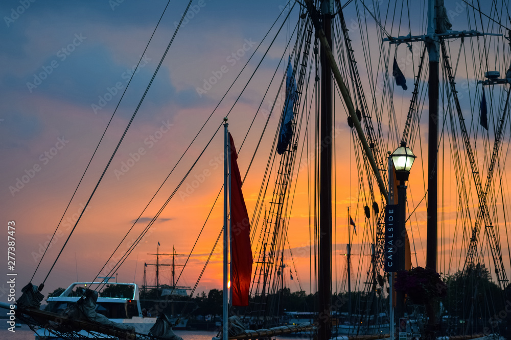 Tall Ships at Sunset Port of Call, Dock, Harbor, Water, Sea, Buffalo, New York, Sail, Mast