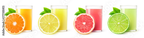 Isolated citrus fruit juices. Glasses of orange, lemon, lime and grapefruit drinks and one slice of fruit isolated on white background with clipping path photo
