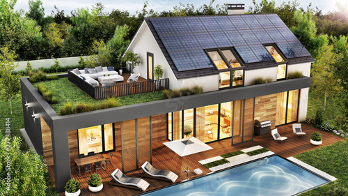 Foto Beautiful house with roof terrace and solar panels