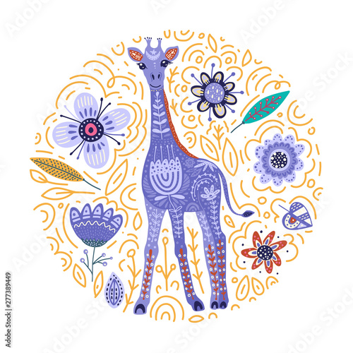 Cartoon giraffe vector flat illustration in scandinavian style. Round card with african animal and flowers.