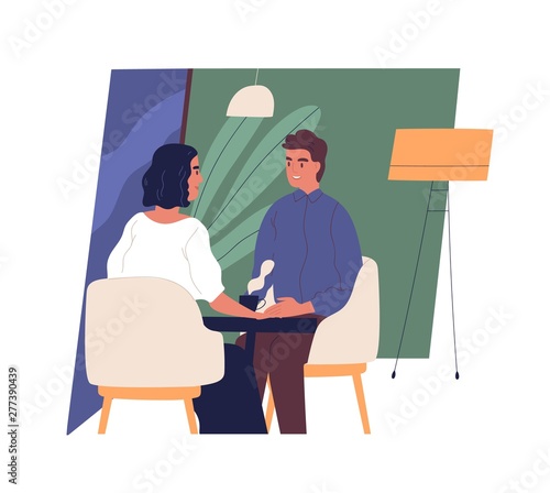 Happy smiling boy and girl sitting at cafe table and talking or chatting. Cute young man and woman on romantic date or friendly meeting. Everyday life scene. Modern flat cartoon vector illustration.