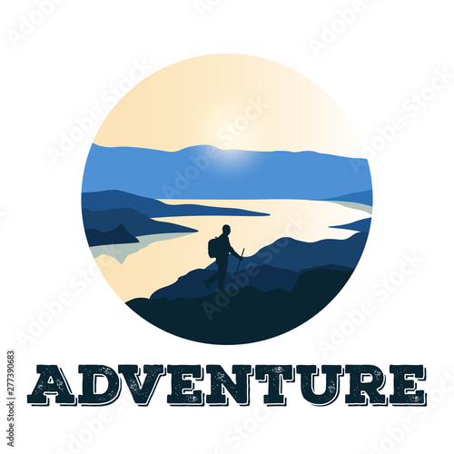 Tourists climbing on a rock, man walking on a hill. Adventure landscape of mountains and river with sunset. Round logo, icon, badge or label with silhouette of traveler man walking on rough terrain.