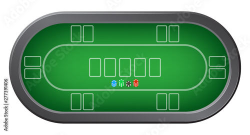 Green poker table with colorful casino chips top view