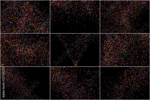 Set of Multicolored Texture Isolated on Black. Colorful Explosion of Confetti. Celebratory Background. Flat Design Element. Vector Illustration, EPS 10.