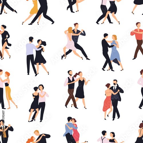 Seamless pattern with elegant couples dancing tango or milonga on white background. Backdrop with pairs of people performing dance. Flat cartoon vector illustration for textile print, wallpaper.