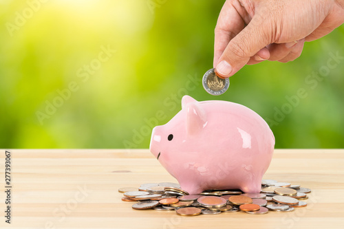 Принти на полотні Piggy bank on money pile with hand putting money, green tree background, saving