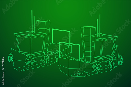 Fishing boat. Commercial fishing trawler for industrial seafood production. Vintage marine ship, sea or ocean transportation concept. Wireframe low poly mesh vector illustration