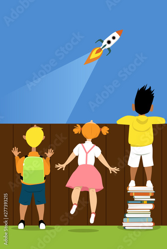 Children trying to watch a launch of a rocket ship, one boy is  standing on a pile of books helping him to see, EPS 8 vector illustration