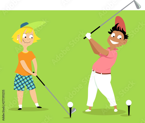 Two cute cartoon kids playing golf, EPS 8 vector illustration