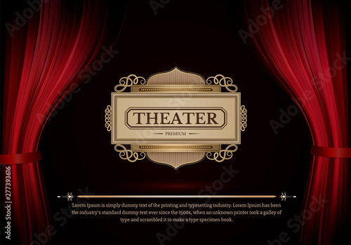 Dark red curtain scene gracefully. Cover with vertical motion blur and text. Like curtains in theater. Elegance vector backdrop with vintage sign