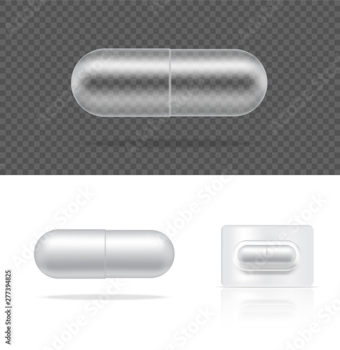 Mock up Realistic Transparent Pill Medicine Capsule Panel on White Background Vector Illustration. Tablets Medical and Health Concept.