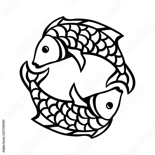 Pisces zodiac sign, black horoscope symbol.