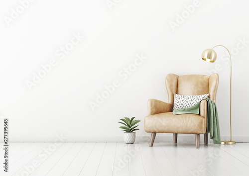 Living room interior wall mockup with tan brown leather armchair, pillow, plaid , green plant in pot and brass floor lamp on empty white wall background. 3D rendering, illustration.