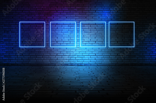 Futuristic Sci Fi Elegant Modern Neon Glowing Rectangle Frame Shaped Lines Tubes Purple Pink Blue Colored Lights In Dark Empty Grunge Concrete Brick Room