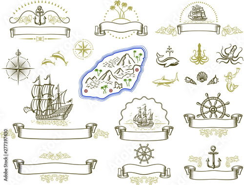A series of illustratios with nautical theme symbols and emblems