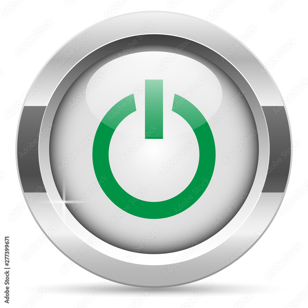 Power icon.White metal internet button. Glass with green icon, vector. Power icon.White metal internet button. Glass with green icon, vector.