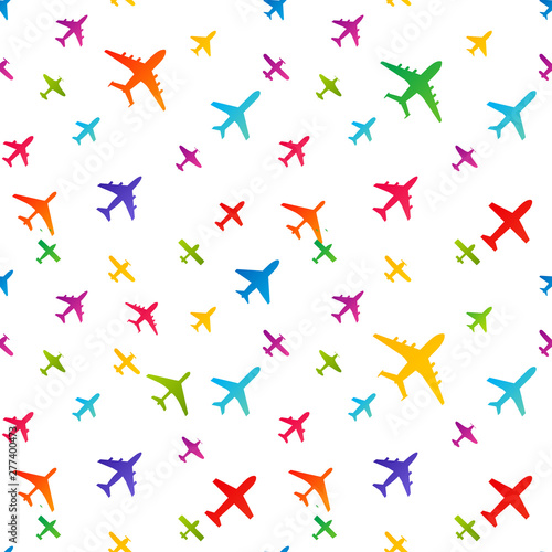 Airplane seamless background. Aircraft transportation colorful pattern template. Aviation vector repeatable texture.