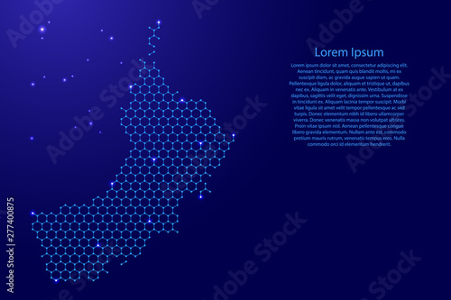 Oman map from futuristic hexagonal shapes, lines, points  blue and glowing stars in nodes, form of honeycomb or molecular structure for banner, poster, greeting card. Vector illustration.