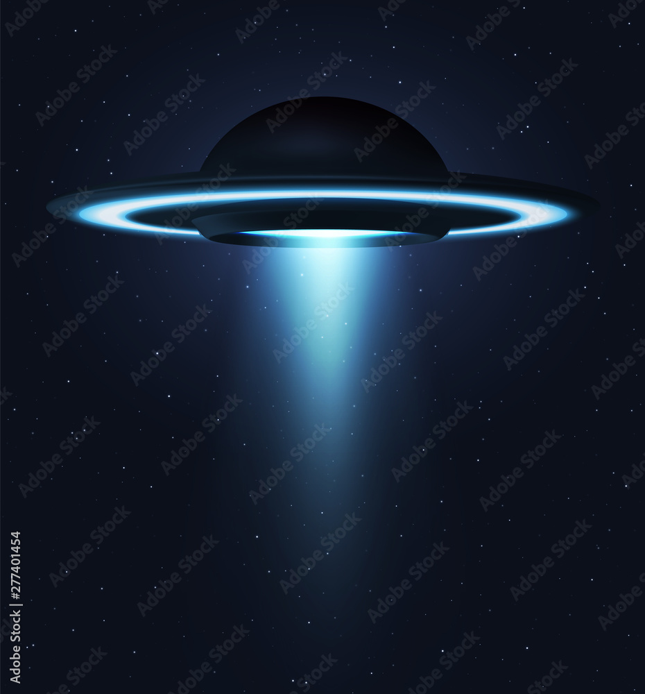 Unidentified flying object. UFO flying on the horizon night sky. Futuristic ufo on Space stars background. Unidentified flying object. UFO flying on the horizon night sky. Futuristic ufo on Space stars background.