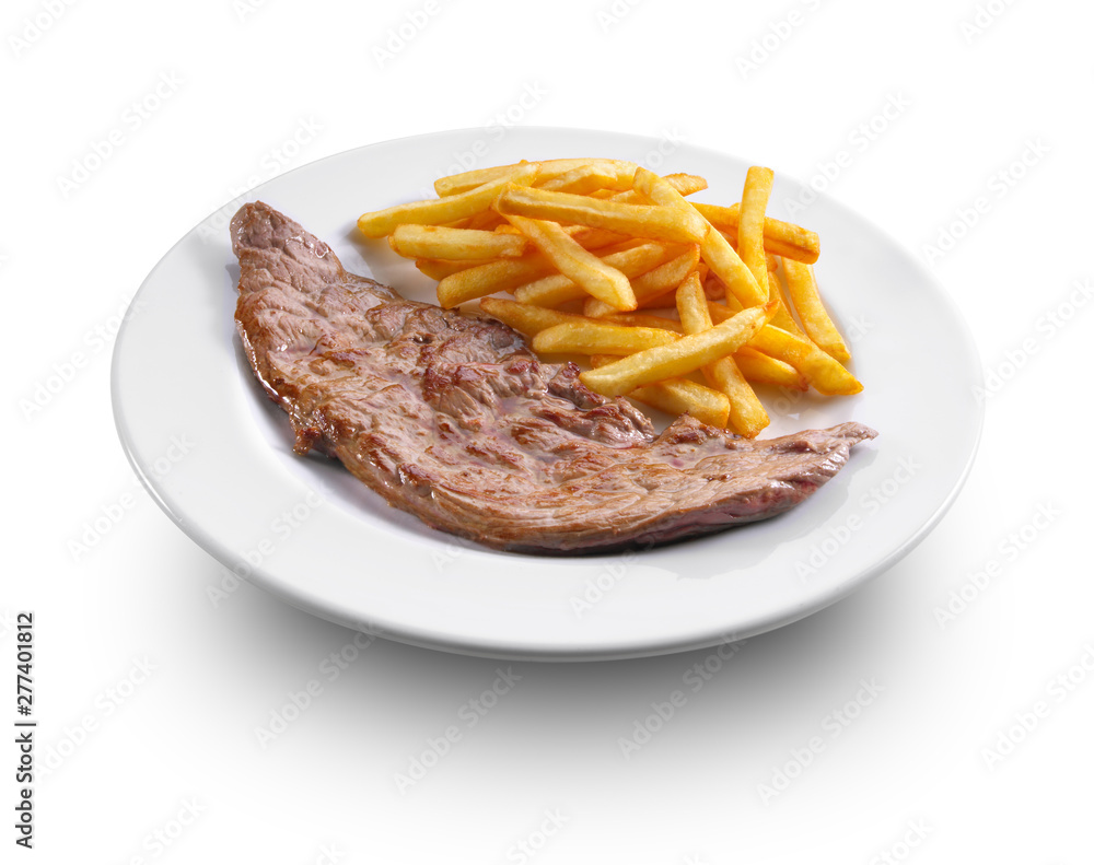 filete con patatas sobre fondo blanco. steak with potatoes on white background. filete con patatas sobre fondo blanco. steak with potatoes on white background.