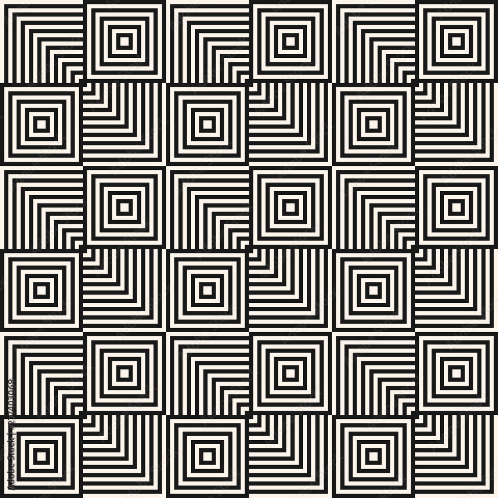 Monochrome vector geometric seamless pattern with squares, lines, repeat tiles