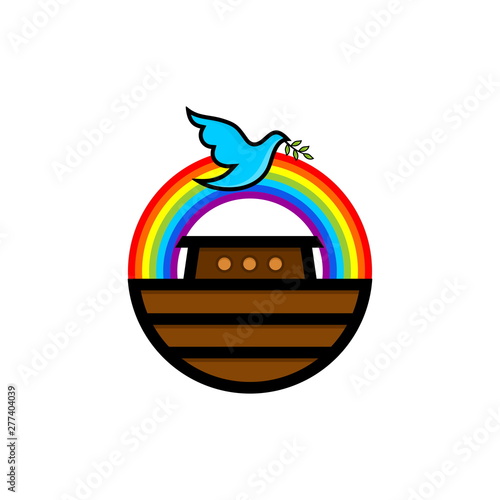 Logo of Noah's Ark. Rainbow - a symbol of the covenant. Dove with a branch of olive. Ship to rescue animals and people from the Flood. Biblical illustration.