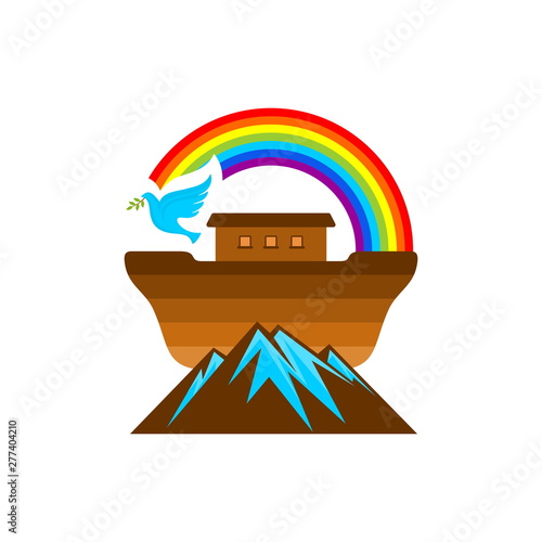 Logo of Noah's Ark. Rainbow - a symbol of the covenant. Dove with a branch of olive. Ship to rescue animals and people from the Flood. Biblical illustration.