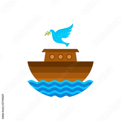Logo of Noah's Ark. Dove with a branch of olive. Ship to rescue animals and people from the Flood. Biblical illustration.