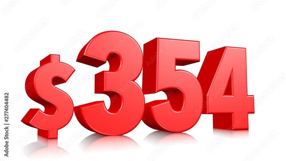 354$ three hundred and fifty four price symbol. red text number 3d render with dollar sign on white background 354$ three hundred and fifty four price symbol. red text number 3d render with dollar sign on white background