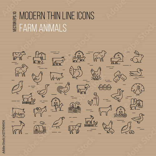 Modern thin line icons set of farm animals isolated on brown background.