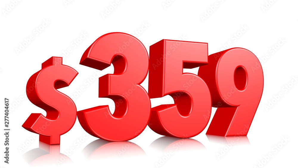 359$ three hundred and fifty nine price symbol. red text number 3d render with dollar sign on white background 359$ three hundred and fifty nine price symbol. red text number 3d render with dollar sign on white background