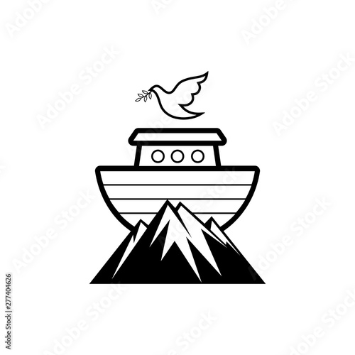 Logo of Noah's Ark. Dove with a branch of olive. Ship to rescue animals and people from the Flood. Biblical illustration.
