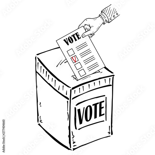 Ballot box. Vector illustration box for vote. Ballot box for voting in elections hand drawn. Wrist. A hand holds a voting ballot with a check mark, form, list icon.