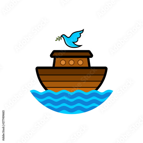 Logo of Noah's Ark. Dove with a branch of olive. Ship to rescue animals and people from the Flood. Biblical illustration.