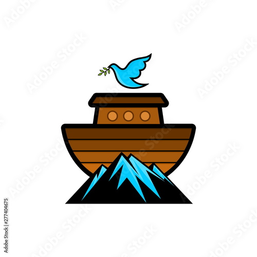 Logo of Noah's Ark. Dove with a branch of olive. Ship to rescue animals and people from the Flood. Biblical illustration.