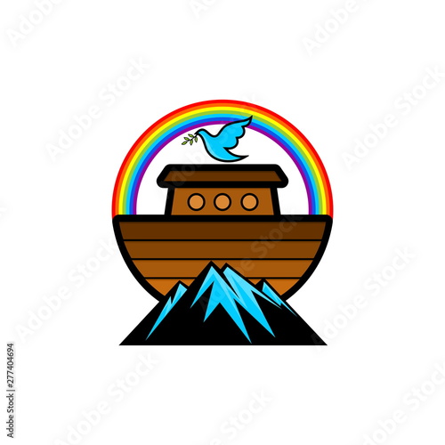 Logo of Noah's Ark. Rainbow - a symbol of the covenant. Dove with a branch of olive. Ship to rescue animals and people from the Flood. Biblical illustration.
