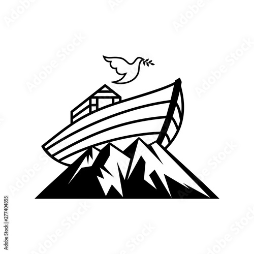 Logo of Noah's Ark. Dove with a branch of olive. Ship to rescue animals and people from the Flood. Biblical illustration.