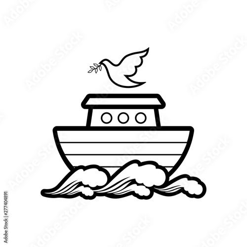 Logo of Noah's Ark. Dove with a branch of olive. Ship to rescue animals and people from the Flood. Biblical illustration.