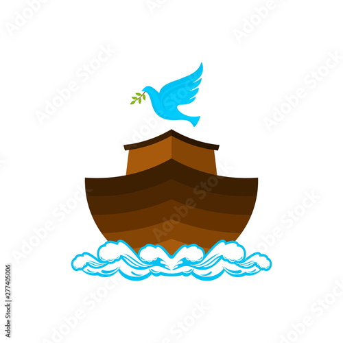 Logo of Noah's Ark. Dove with a branch of olive. Ship to rescue animals and people from the Flood. Biblical illustration.