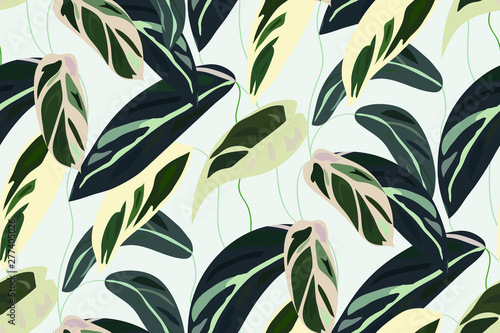 Floral seamless pattern, green, black and white split-leaf Leaves of Cordelia with vines on white background, pastel vintage theme. Vector