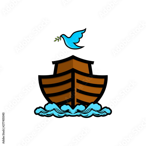 Logo of Noah's Ark. Dove with a branch of olive. Ship to rescue animals and people from the Flood. Biblical illustration.