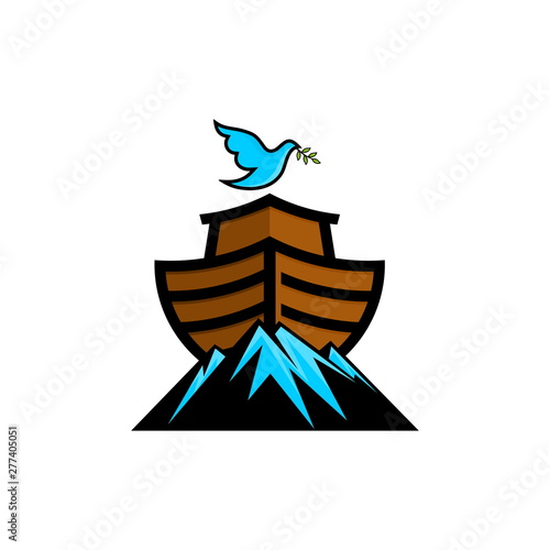Logo of Noah's Ark. Dove with a branch of olive. Ship to rescue animals and people from the Flood. Biblical illustration.